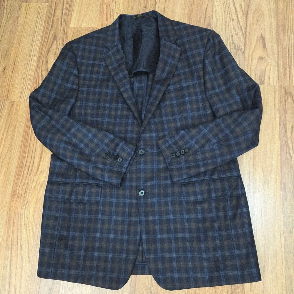 Robert Talbott Sport Coat 44T Blue Brown Plaid Carmel Unstructured Blazer 2002